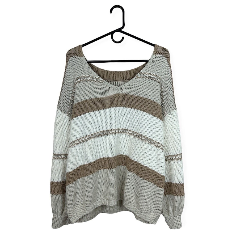 Knit Sweater Long Sleeve Striped Cotton Blend Taupe Brown Women's Size XL